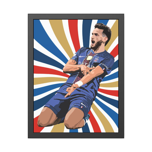 Framed artwork of a soccer player in a blue uniform with a colorful abstract background