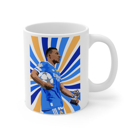 Mug with a sports-themed design featuring a player in a blue jersey with a sunburst background.