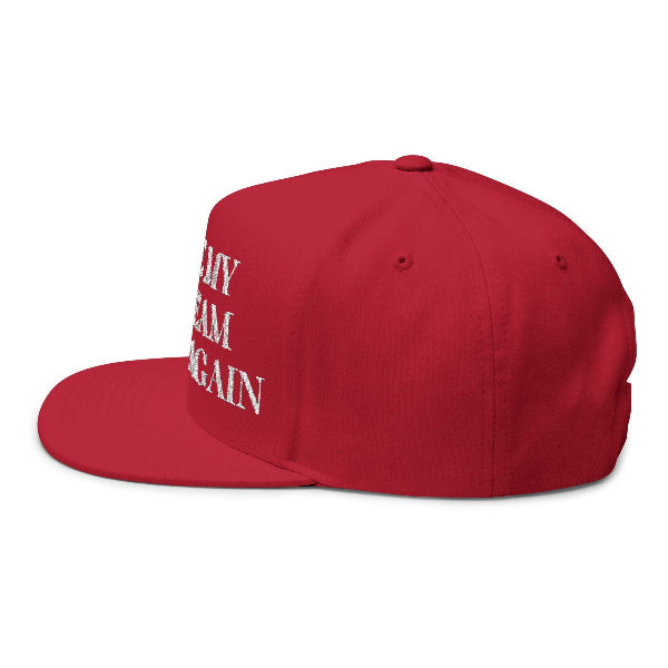 Red cap with white text on a white background