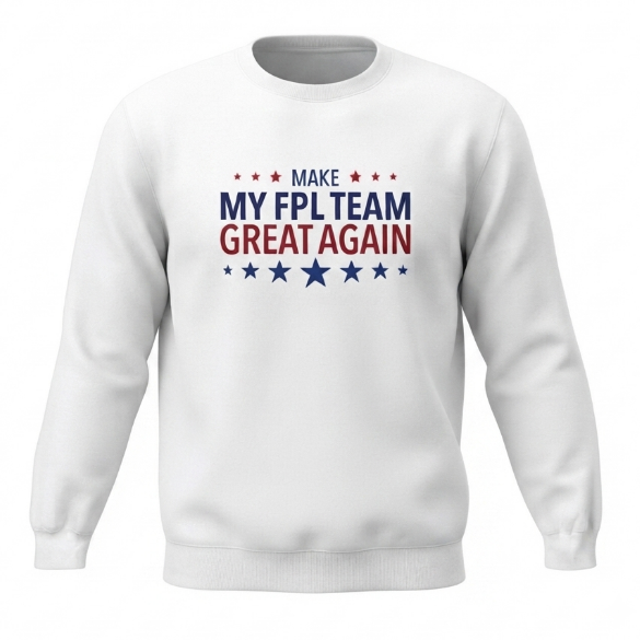 A white crewneck sweatshirt with a political slogan printed on the chest reading 'MAKE MY FPL TEAM GREAT AGAIN' in red and blue text with blue stars and red stars, shown on a plain white background.