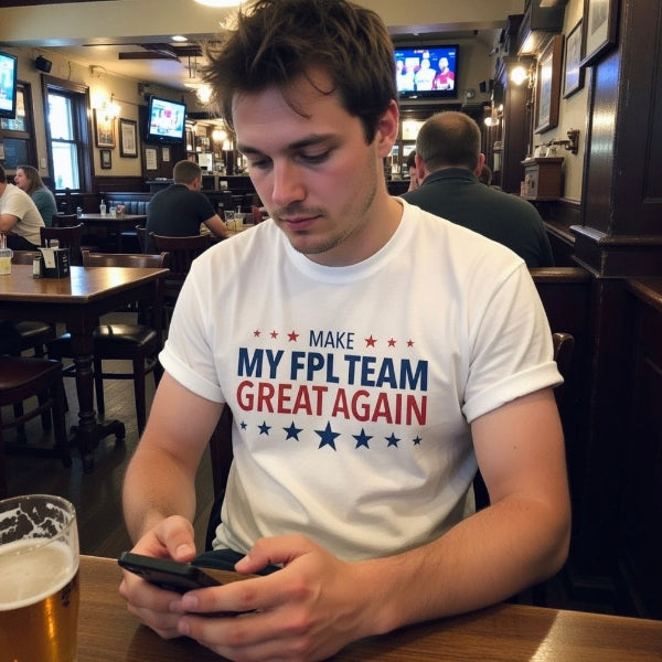 man sitting in pub wearing a make my fpl team great again t shirt