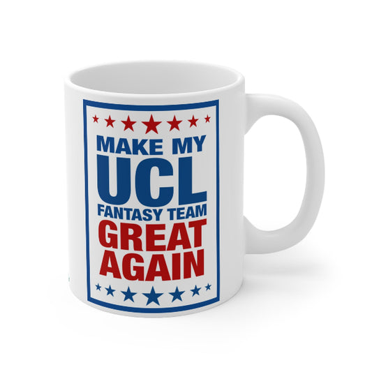 White mug with 'Make my UCL Fantasy Team Great Again' text on a white background