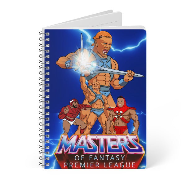 Notebook with 'Masters of Fantasy Premier League' design featuring characters and lightning effects on a blue background.