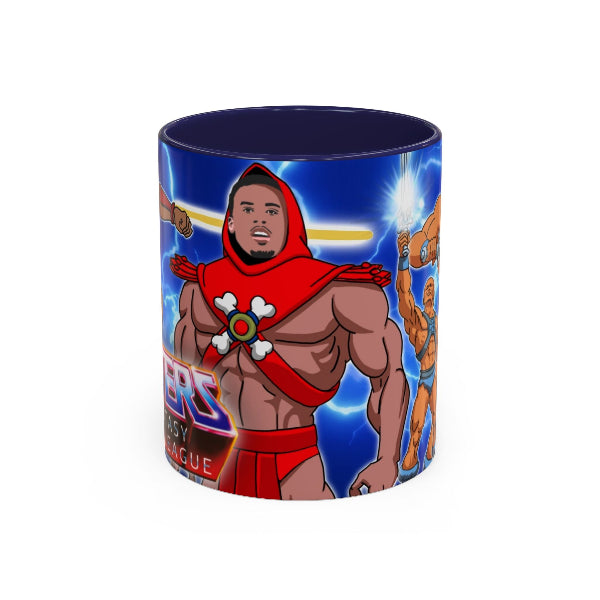 Mug with superhero design featuring a character in a red costume with a blue background