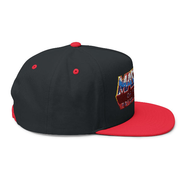 A black and red snapback cap featuring a colorful embroidered 'Marvel Universe of Thor' patch on the side, set against a plain white background.