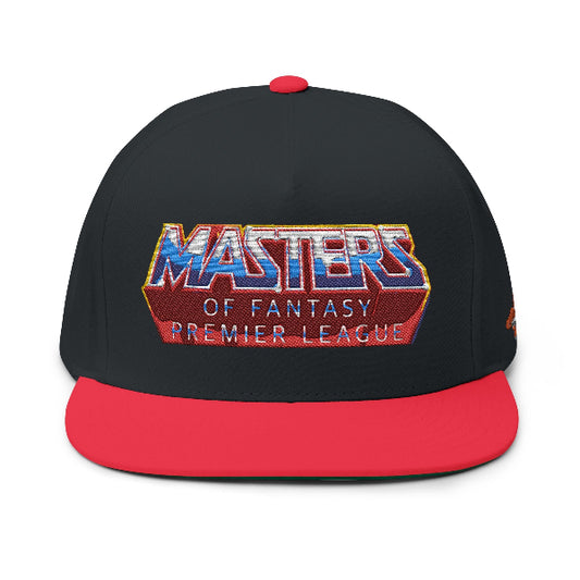 A black and red snapback cap featuring an embroidered 'Masters of Fantasy Premier League' patch on the front, set against a plain white background.