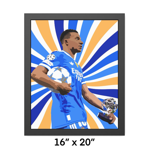 Framed artwork of a soccer player holding a trophy against a sunburst background.