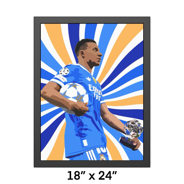 Framed artwork of a soccer player holding a trophy with a colorful sunburst background.