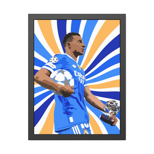 Framed artwork of a soccer player holding trophies against a sunburst background