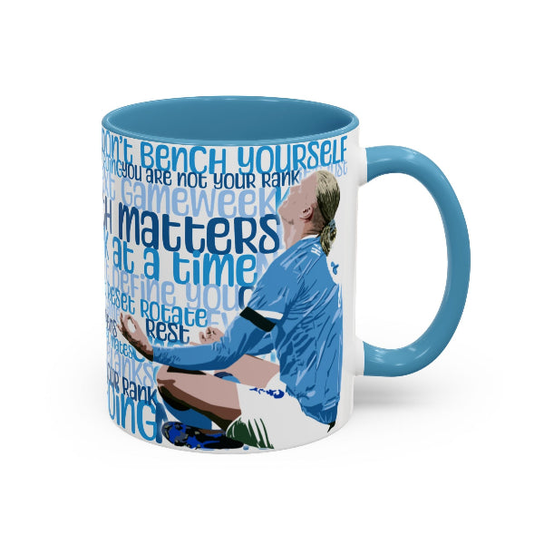 Mug with a sports-themed design featuring a player and motivational phrases on a white background.