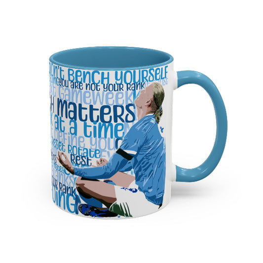 Mug with a sports-themed design featuring a player and motivational phrases on a white background.