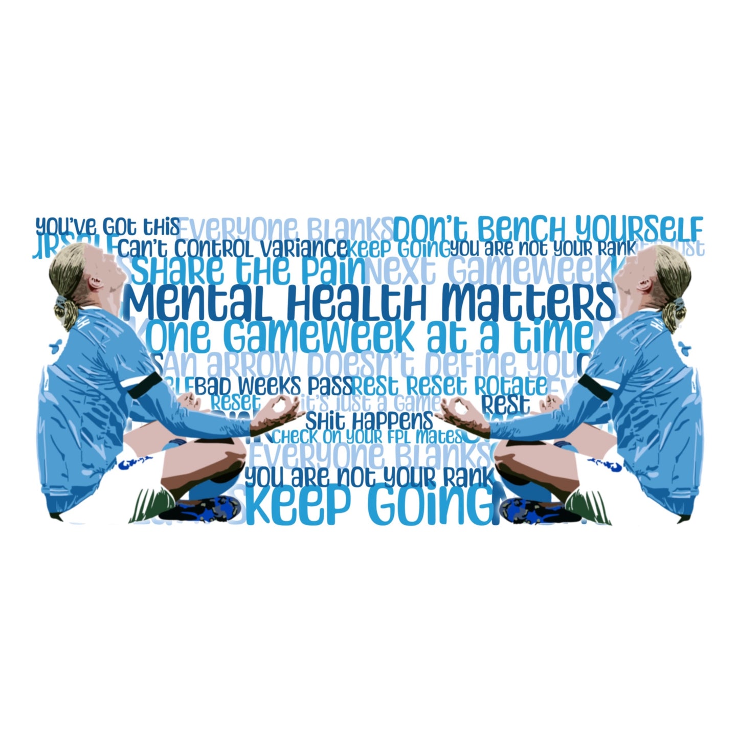Two people in blue sports uniforms sitting on the ground with motivational text overlay.