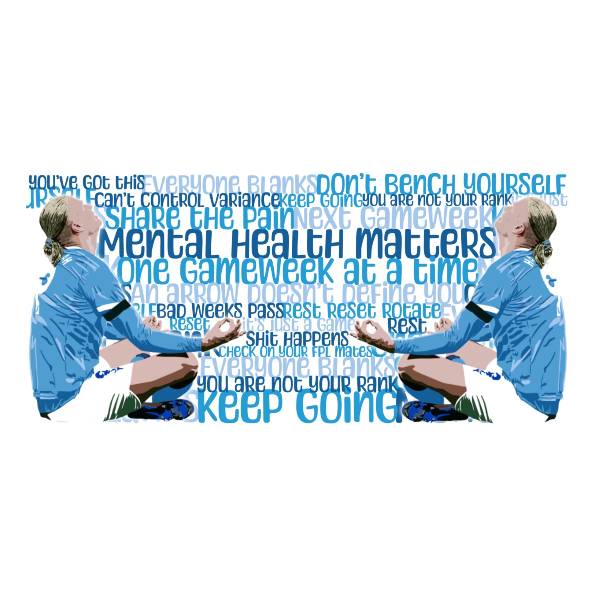 Two people in blue sports uniforms sitting on the ground with motivational text overlay.