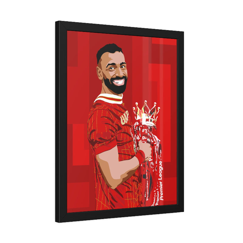 Framed artwork of a sports figure holding a trophy on a red background