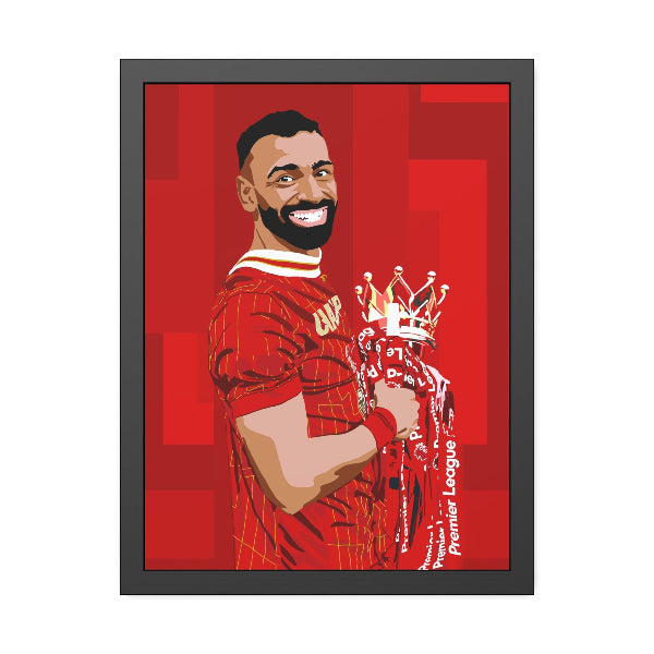 Framed artwork of a soccer player holding a trophy on a red background