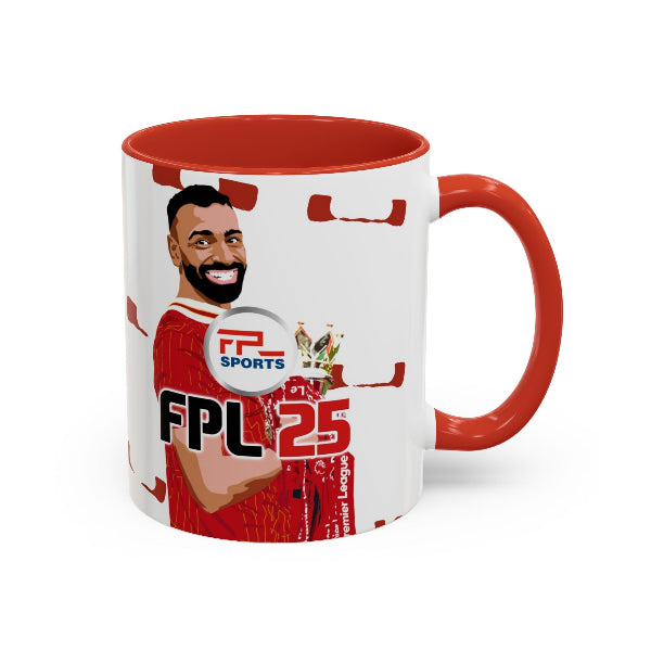 Mug with a sports-themed design featuring a player and 'FPL 25' branding on a white background.