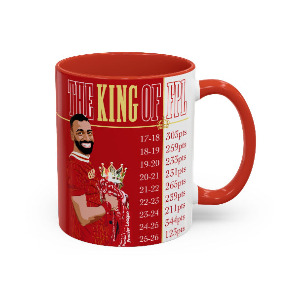 Red mug with a graphic of a man in a red sports jersey and text on a white background