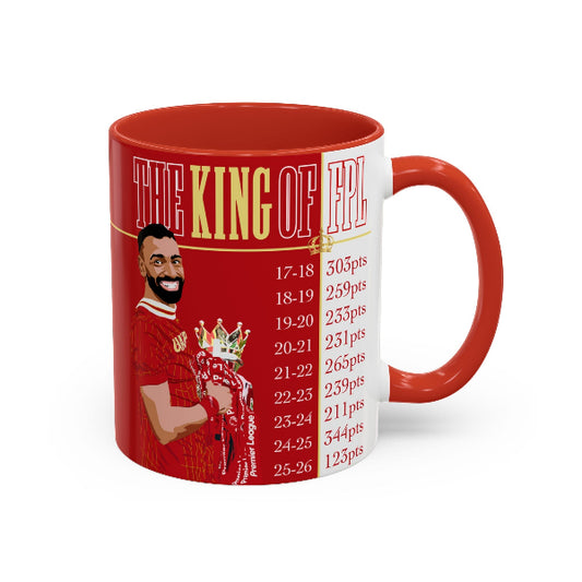 Red mug with a graphic of a man in a red sports jersey and text on a white background