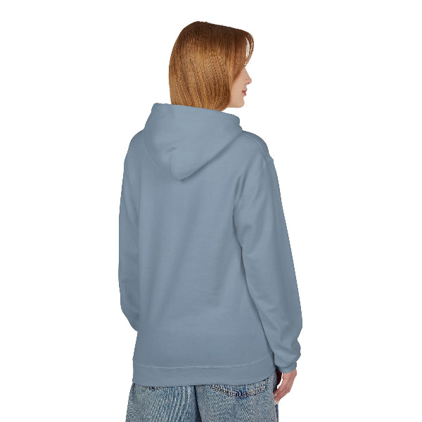 Person wearing a light blue hoodie on a white background
