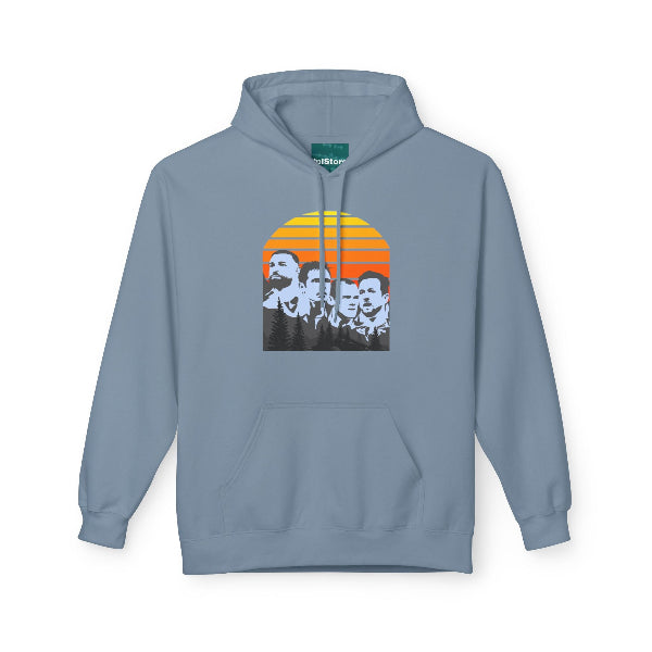 A dusty blue pullover hoodie with a front kangaroo pocket and a graphic print of the band Nirvana on the chest, set against a plain white background.