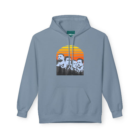 A dusty blue pullover hoodie with a front kangaroo pocket and a graphic print of the band Nirvana on the chest, set against a plain white background.