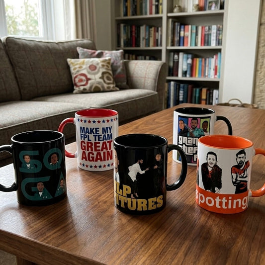 Five mugs with various designs on a wooden table in a living room setting.