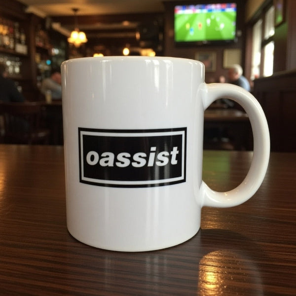 White mug with 'oassist' logo on a wooden table in a bar setting