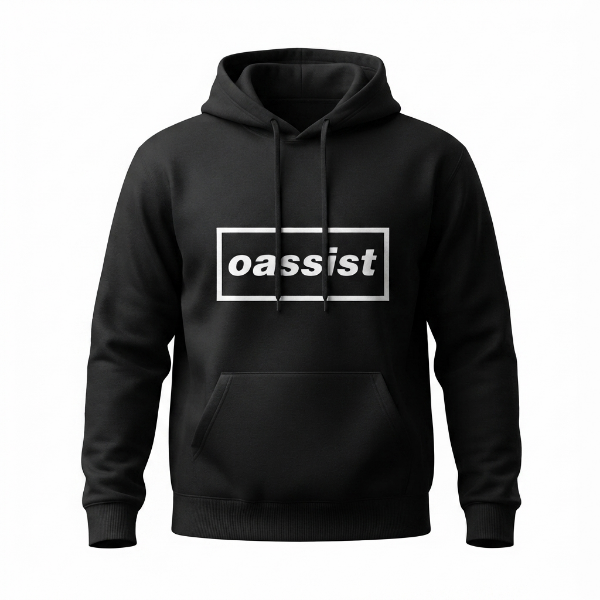 A black pullover hoodie with a white rectangular graphic on the chest containing the lowercase word 'oassist' in white, shown on a plain white background.