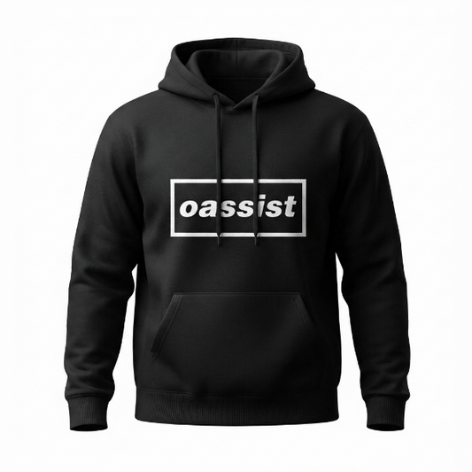 A black pullover hoodie with a white rectangular graphic on the chest containing the lowercase word 'oassist' in white, shown on a plain white background.