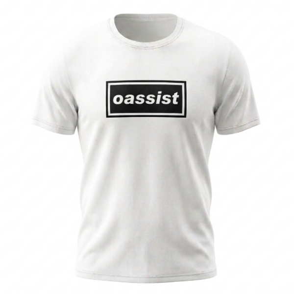 A white short-sleeve crewneck t-shirt featuring a black rectangular box logo on the chest with the word 'oassist' in white lowercase letters.