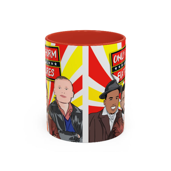 Mug with Union Jack design and cartoon characters on a white background