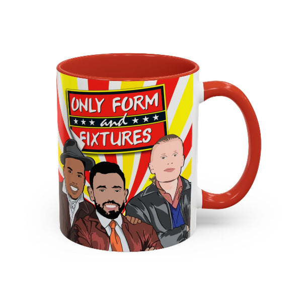 Mug with cartoon characters and text 'Only Form and Fixtures' on a red and white striped background