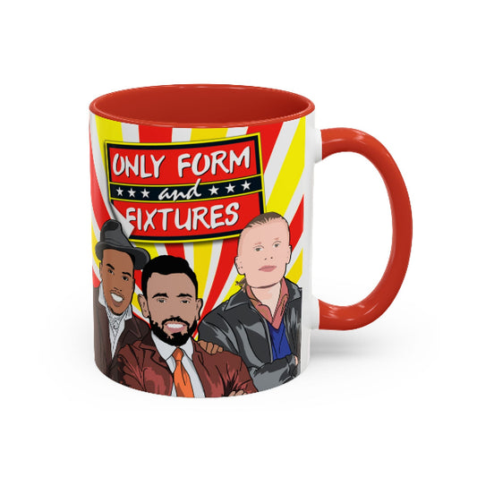 Mug with cartoon characters and text 'Only Form and Fixtures' on a red and white striped background