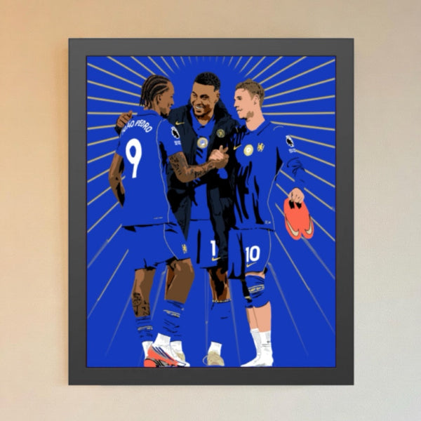 JPMorgan Chelsea pop art framed print with illustrations of Cole Palmer, Joao Pedro and Morgan Rogers, Fantasy Premier League wall art