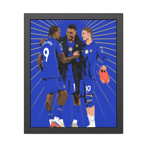 JPMorgan Chelsea pop art framed print with illustrations of Cole Palmer, Joao Pedro and Morgan Rogers, Fantasy Premier League wall art