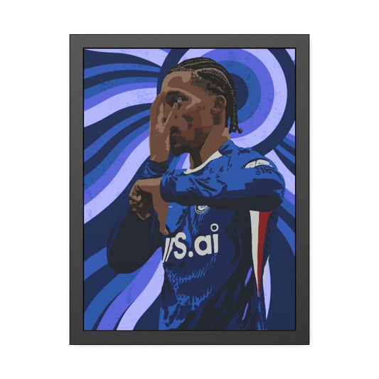 Framed artwork of a person wearing a blue sports jersey with a brand logo on a white background