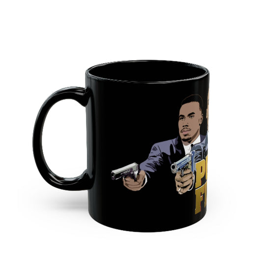 Black mug with a graphic of a person holding guns and the text 'Pacify' on a white background
