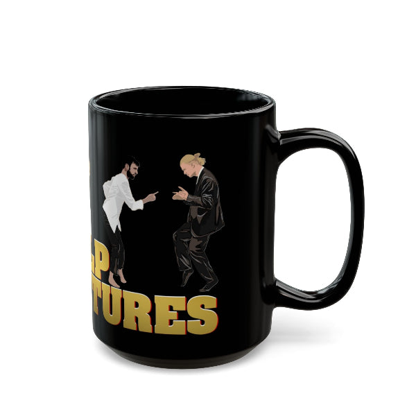 Black mug with graphic design and text on a white background