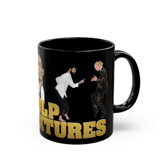 Black mug with graphic design of three people and text on a white background