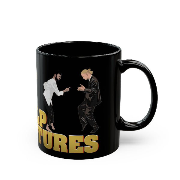 Black mug with graphic design of two people  on a white background