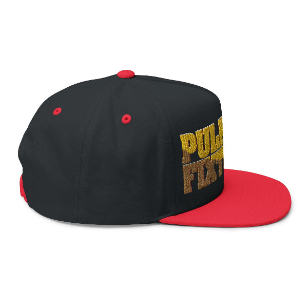 Black and red cap with a logo on a white background