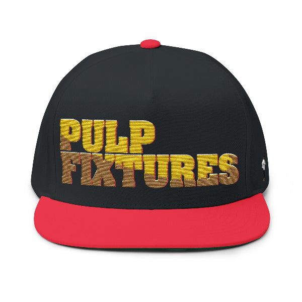 A black snapback cap with a red flat brim, featuring 'PULP FIXTURES' embroidered in gold and brown on the front, with a small white logo on the side.