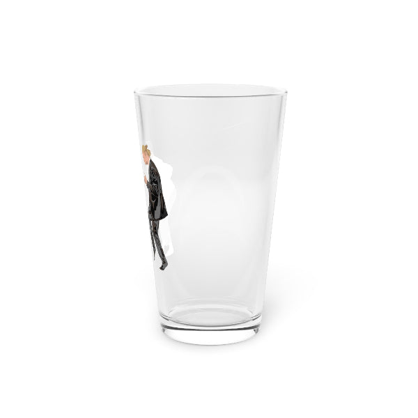Clear glass with a black and white illustration on a white background