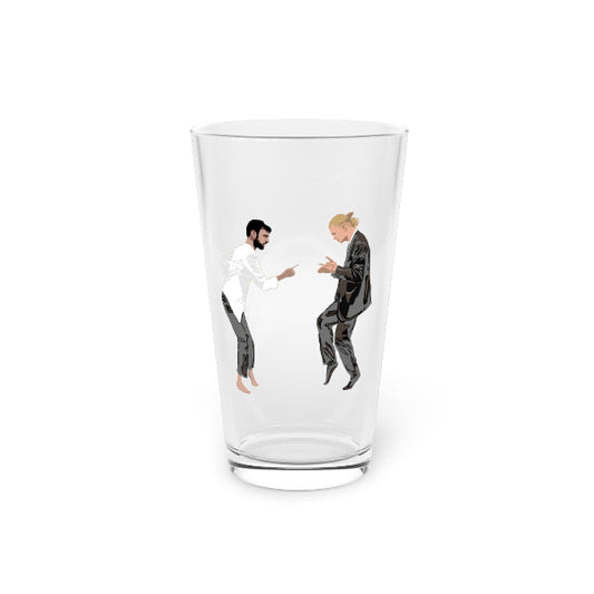 Clear glass with black and white illustrations of two people on a white background
