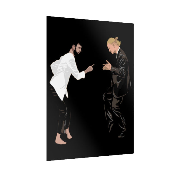 Illustration of two people in formal attire on a black background