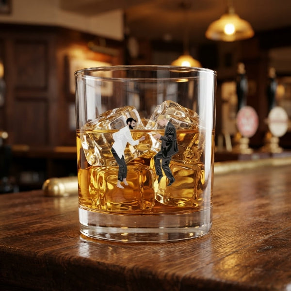 Pulp Fixtures FPL rocks glass with Bruno Fernandes and Erling Haaland as Mia and Vincent dancing, Fantasy Premier League gift