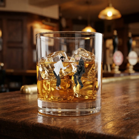 Pulp Fixtures FPL rocks glass with Bruno Fernandes and Erling Haaland as Mia and Vincent dancing, Fantasy Premier League gift