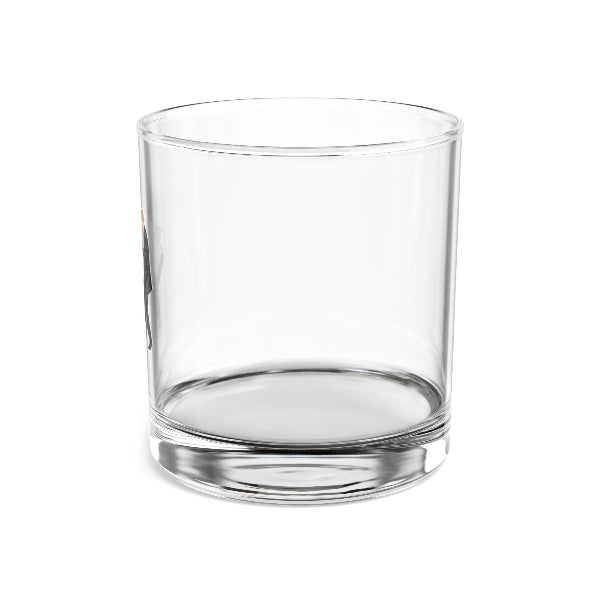 Clear glass tumbler with text on a white background