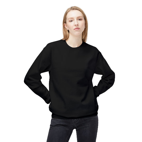 Person wearing a navy blue sweatshirt with text on a white background