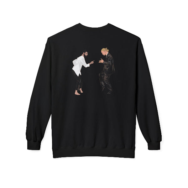 Black sweatshirt with a graphic of two people in a martial arts pose on a white background